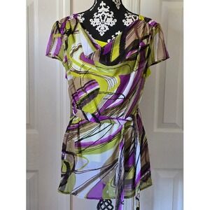 Womens‎ Abstract Print Sheer Overlay Tunic Blouse Top Short Sleeve Belted